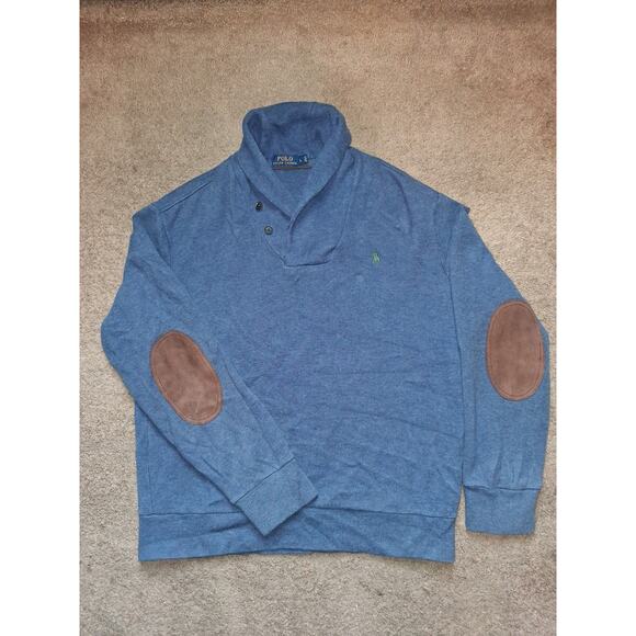 Polo Ralph Lauren Sweater Men Large Blue Shawl Collar Elbow Pads Small Pony - Picture 1 of 6